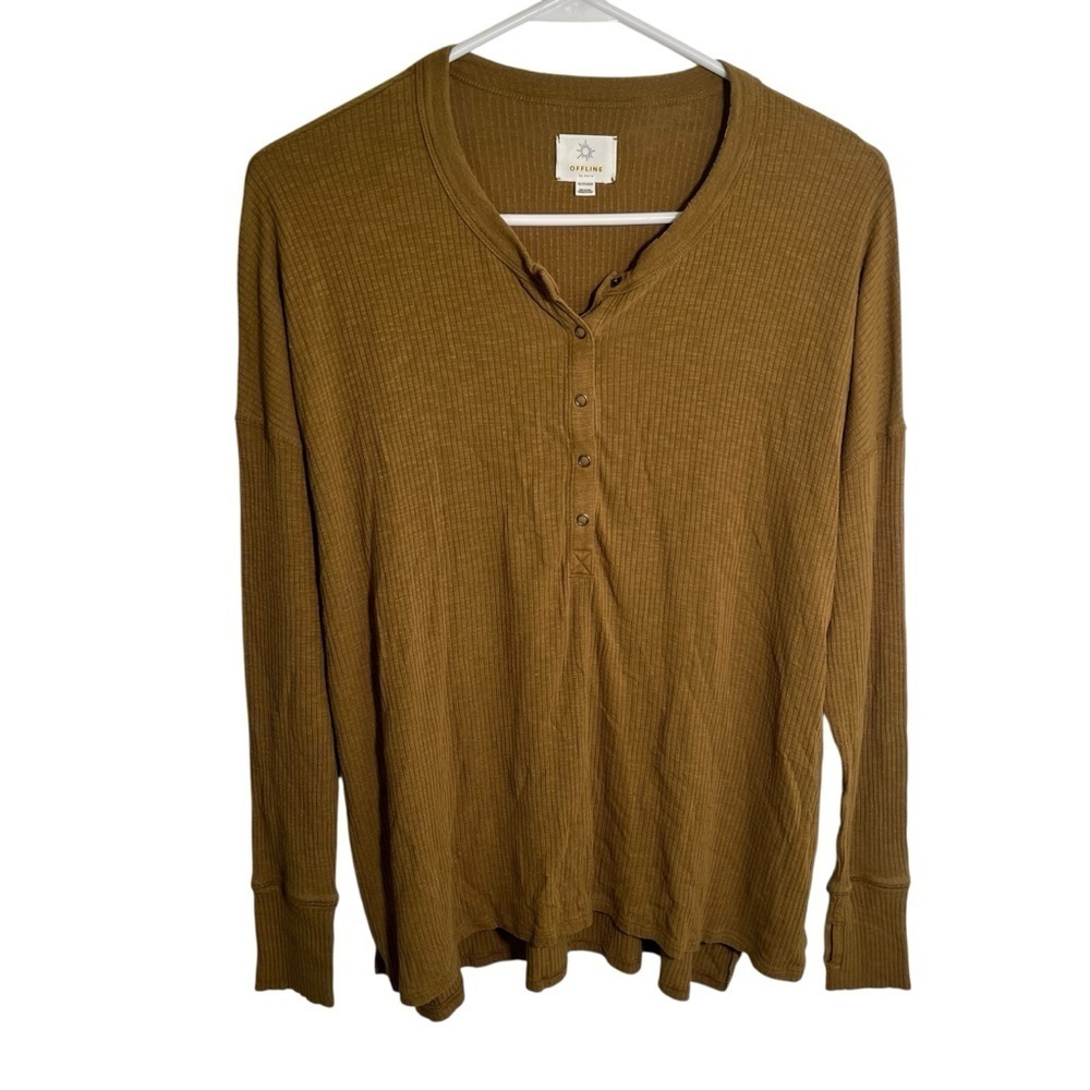 Offline‎ by Aerie Women's Size XS Henley Top Olive Green Ribbed Long Sleeve Snap